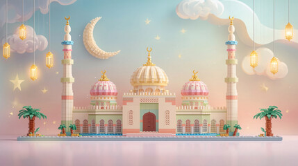 Pastel 3D Islamic Mosque Ramadan Kareem Background Illustration
