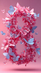 Fototapeta premium Colorful display of butterflies and flowers arranged in the shape of the number eight