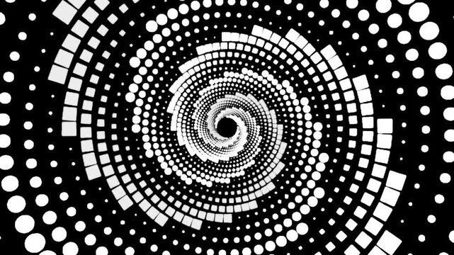 Spinning shapes create a dynamic visual experience in black and white