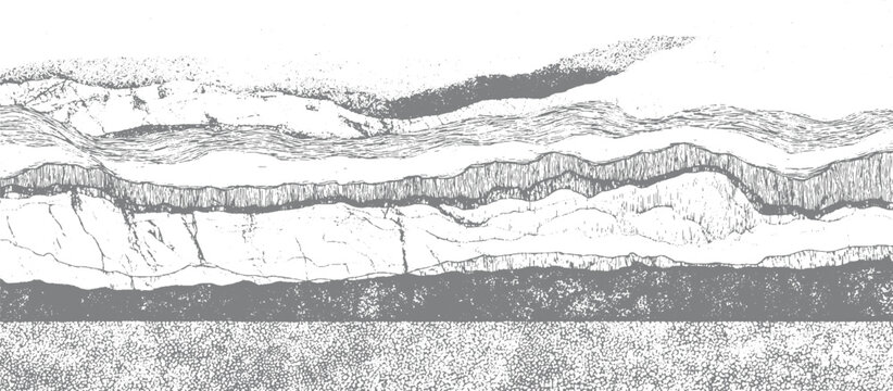 Detailed grayscale cross section of layered rock strata with visible fissures and textured sediment geology