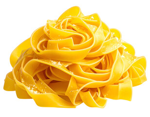 A pile of golden, ribbon-like pasta dusted with a light dusting of white