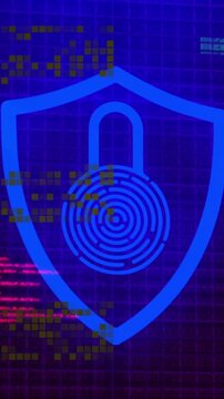 Vertical video: Frame one starting cyan shield scanning fingerprint, pixels drifting, securing UI