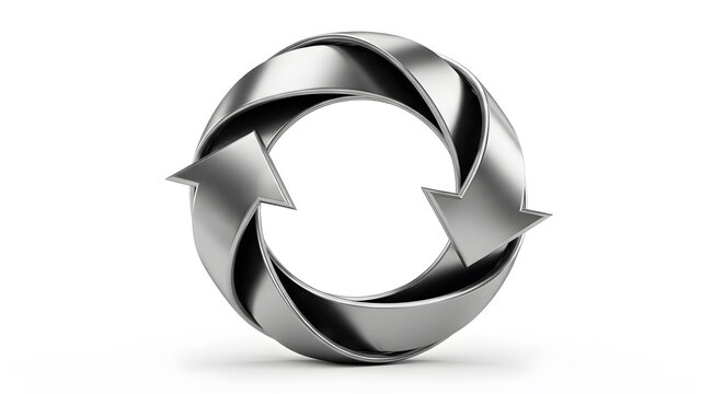 Shiny Silver Metallic Recycling or Refresh Symbol Composed of Three Arrows in a Circular Loop, Isolated on White Background for Environmental Concepts. High quality photo