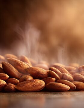 Un primer plano de un mont&oacute;n de almendras tostadas, envuelto en un halo de vapor.
