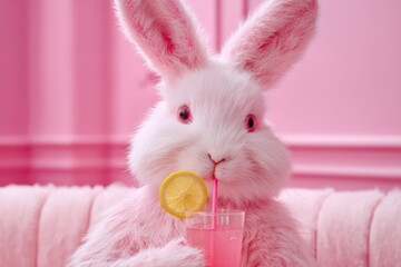 Obraz premium A fluffy pink rabbit plushie with vibrant pink eyes intently sips a refreshing pink beverage garnished with a bright lemon slice through a straw, set against a cozy pink monochrome background.