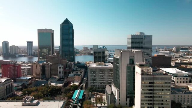 Drone Direct Approach of Downtown Buildings Following Monorail Tracks in Jacksonville Florida 2026