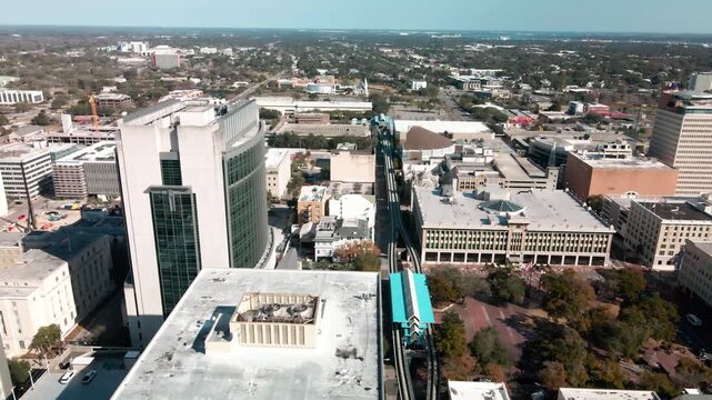 Aerial Flyover of Downtown Jacksonville Florida Skyway Monorail in Winter 2026