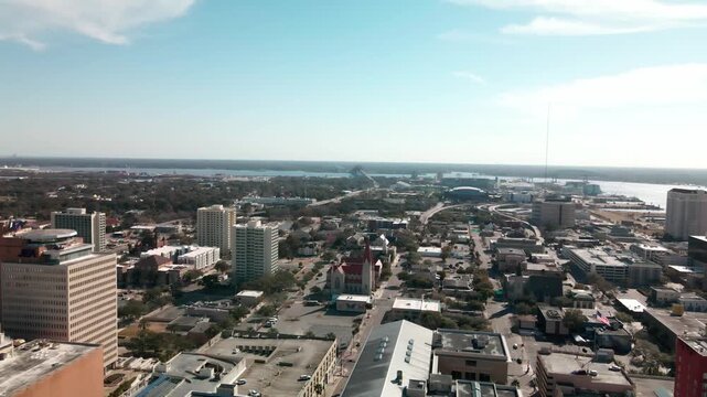 Jacksonville Florida Winter 2026 Drone Rotating Shot Towards Stadium District and St Johns River