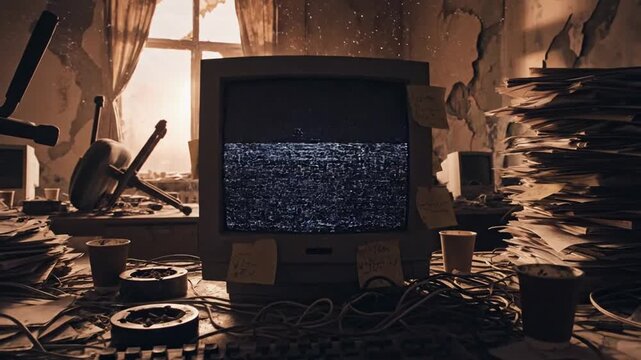 Cluttered dimly lit computer lab in ruined space with dusty monitor and piles of papers