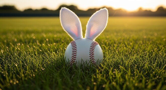 Baseball with bunny ears on grass