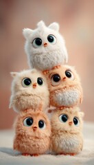 Fototapeta premium Cuatro búhos bebés apilados uno encima del otro, creando una torre adorable.