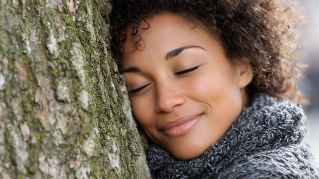 Mujer abrazando un arbol
