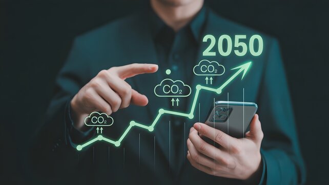 Businessman point to increasing arrow with carbon reduction for decrease CO2, carbon footprint and carbon credit to limit global warming from climate change, Bio Circular Green Economy concept..