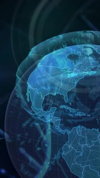 Vertical video: HUD powering holo globe rotating clockwise, tracing network to center North America