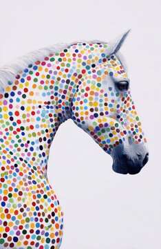Retrato de un caballo blanco cubierto de puntos de colores vibrantes.