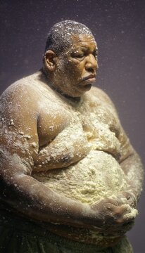 Retrato de un panadero cubierto de harina, con una expresi&oacute;n contemplativa.
