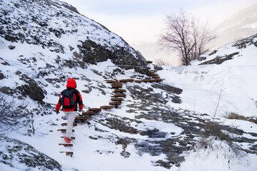 Traveler walking along winter eco path in nature in mountain gorge. Rear view of hiker person with backpack in warm clothing hiking outdoors in snowy valley landscape.