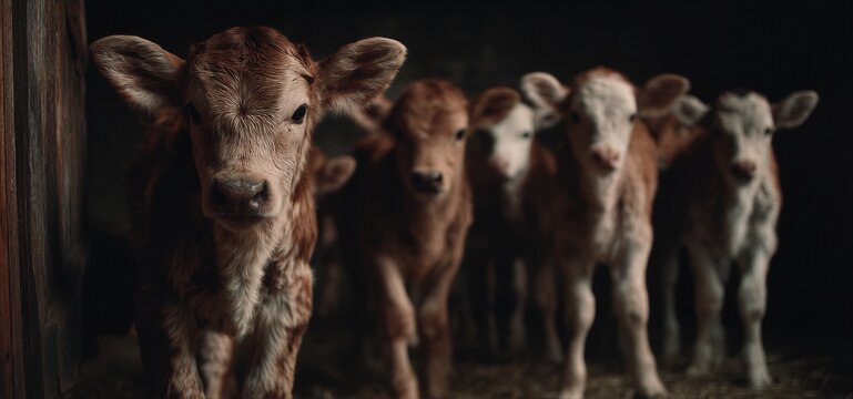 Un grupo de terneros curiosos observan directamente a la c&aacute;mara, creando una conexi&oacute;n conmovedora.