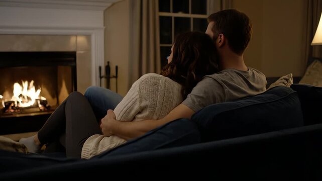Couple Embracing on Blue Sofa Watching Fireplace Flames in Cozy Room Interior with Neutral Tones and Warm Lighting