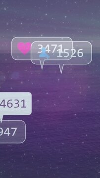 Vertical video: After delay, bubbles popping in and sliding over purple sea, tracking stats growth