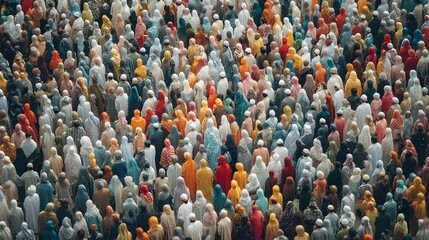 Fototapeta premium A vibrant tapestry of diverse individuals gathered in spiritual unity, symbolizing collective faith and community celebration in a conceptual digital artwork.