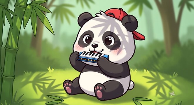 Cute panda bear playing harmonica outdoors.