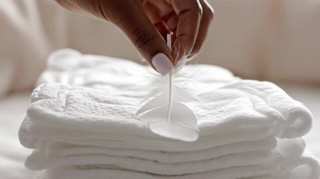 Hand placing a soft white feather on top of a stack of clean white absorbent pads for comfort and hygiene