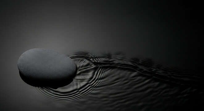 Dark Gray Smooth Stone Skipping on Black Water Surface with Ripples