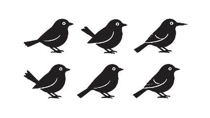Bird silhouette set with six cute black songbird icons in different poses, simple flat cartoon style isolated on white © Harry 