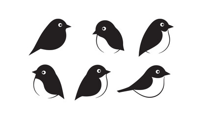 Bird silhouettes set with six cute minimalist songbird icons in black, simple flat vector shapes for logo and design © Harry 