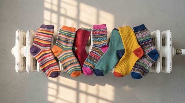 Colorful socks draped over a vintage white radiator