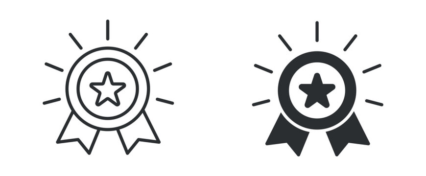 Award badge icon set, star medal ribbon symbol, line and filled style vector illustration