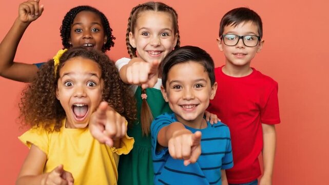 Diverse group of happy children pointing at camera. Excited multicultural kids choosing you with surprised expressions on studio background.