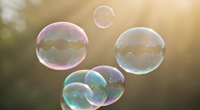 A delightful cluster of iridescent soap bubbles float in front of a blurred background