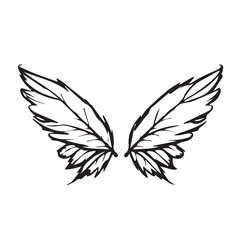 Obraz premium Handdrawn vector sketch of two angel wings, detailed with flowing feathers and artistic lines, perfect for tattoo design with symbolic meaning.