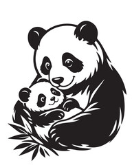 Obraz premium Cute vector illustration of a mother panda gently holding her baby, showing warmth, affection, and tender love in a soft playful cartoon style.