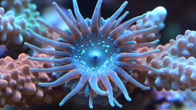 Mesmerizing close up time lapse of a colorful sea anemone polyp opening and extending its tentacles in a coral reef