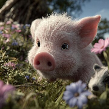 Un cerdito adorable asoma entre flores silvestres, con una expresi&oacute;n curiosa y tierna.