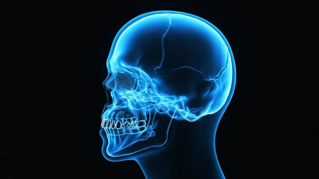 X-ray visualization of human skull showing the bones of the face and head, blue glow, medical illustration