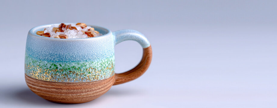 Matte ceramic mug with salt and nuts on white background shot with fujifilm xt 5