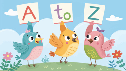 Three colorful birds holding alphabet letters in playful outdoor scene