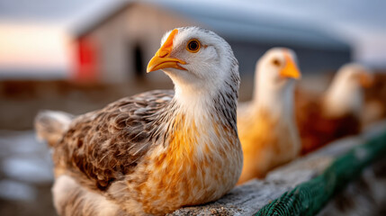 Close up chicken on snowy poultry farm with barn and coop in background for avian influenza prevention campaign, biosecurity awareness and agricultural safety marketing.