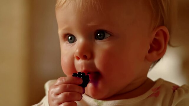 Young Child Exploring Berry Flavors Indoors. Baby Engaged In Tasting Juicy Berry In Warm Home Setting