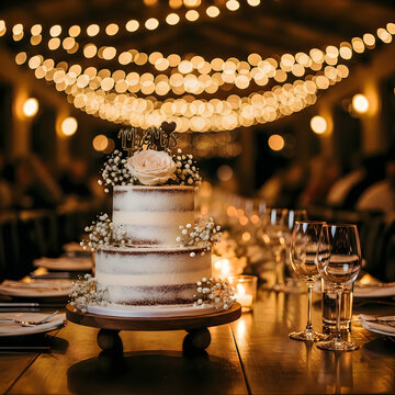 Wedding reception table with semi-naked three-tier cake and string lights