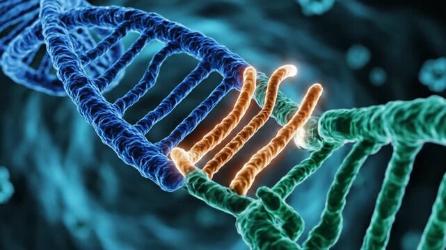 Detailed close-up animation of a DNA strand showcasing the double helix structure and gene sequencing