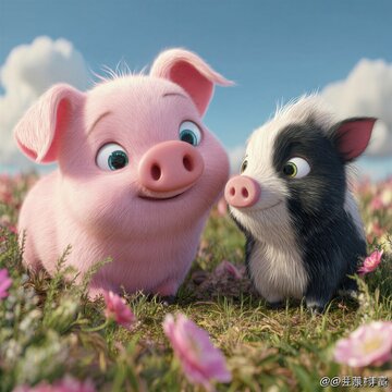 Dos cerditos adorables posan entre flores silvestres en un d&iacute;a soleado.