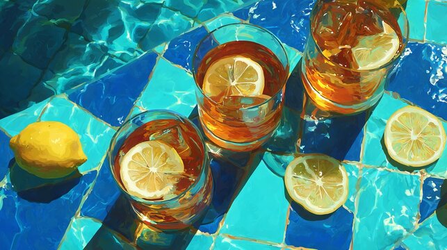 Three glasses of refreshing summer cocktail with lemon slices on a colorful blue tiled pool deck