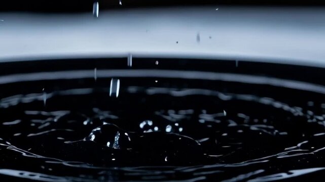 Water droplet creating ripples in dark water with crown splash