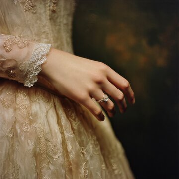 Primer plano de una mano femenina adornada con un anillo de compromiso, sobre un vestido de encaje antiguo.