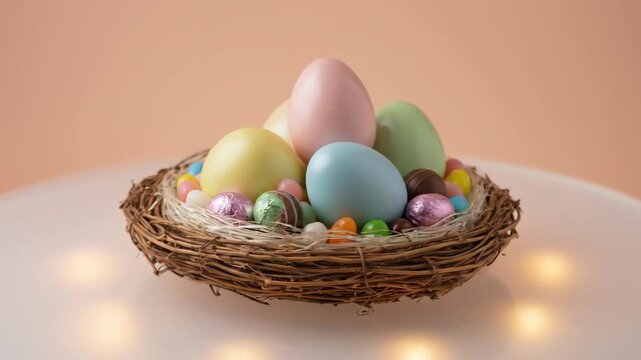 Pastel Easter Eggs and Chocolate Candies Rotating in Nest 4K